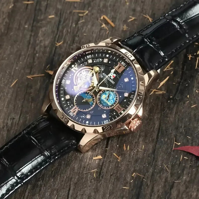 Men's black and rose gold automatic mechanical watch with transparent case back and genuine leather strap