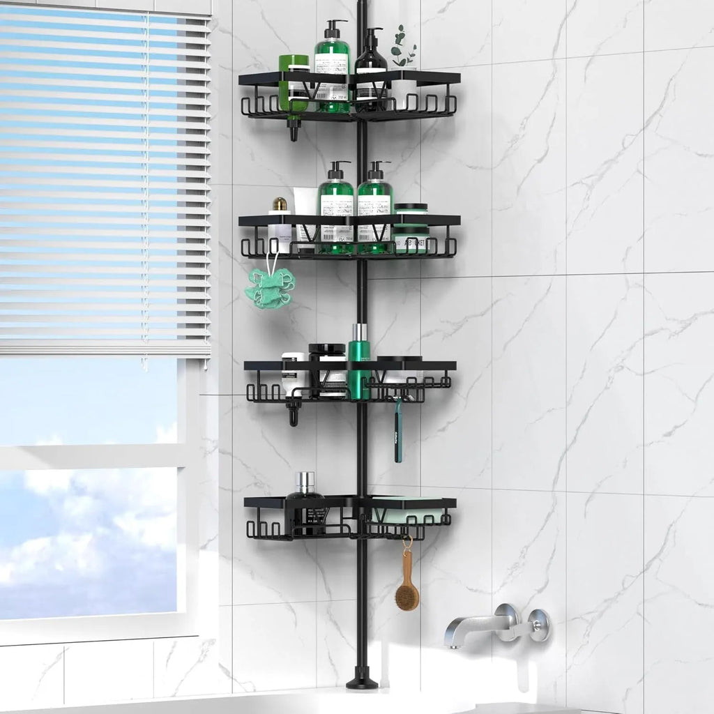 Stainless steel bathroom storage rack with four wire shelves, hole-free design