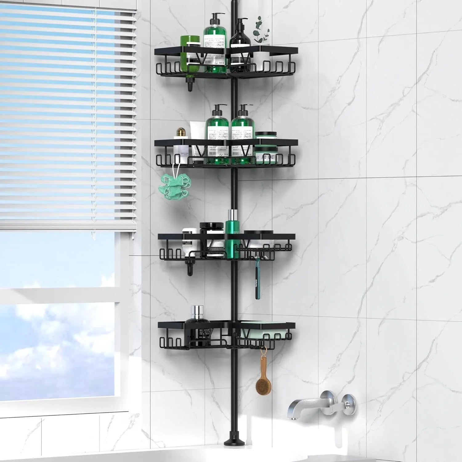 Stainless steel bathroom storage rack with four wire shelves, hole-free design