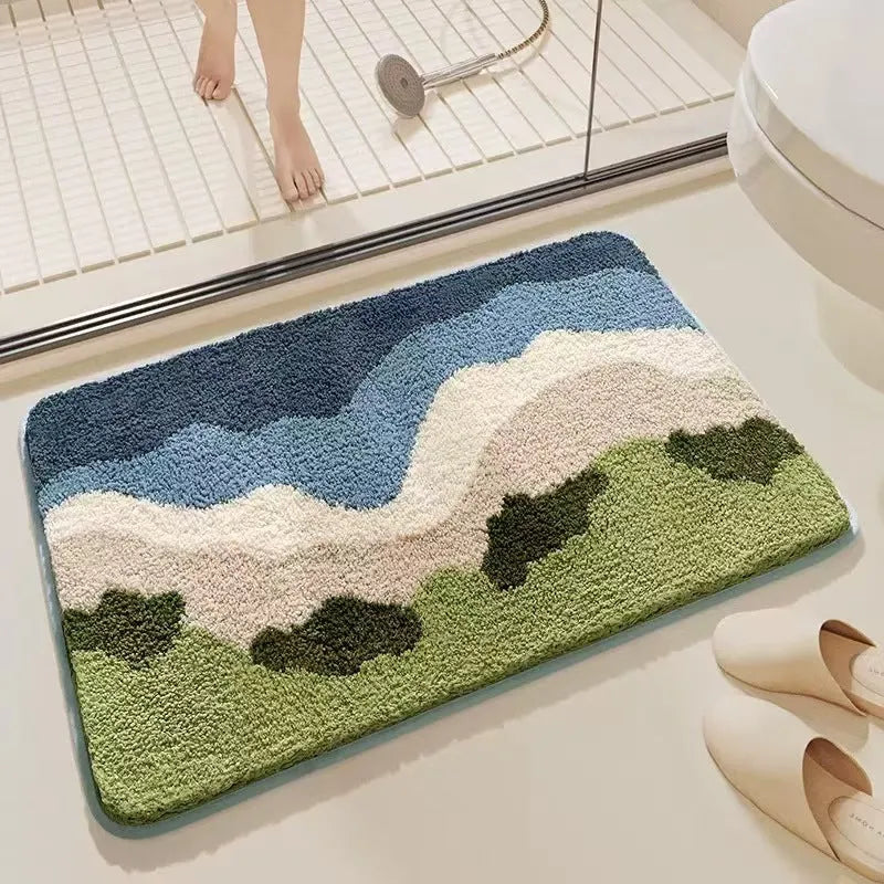 Square polyester fibre floor mat with rainbow pattern in sky sea colours and plastic bottom backing