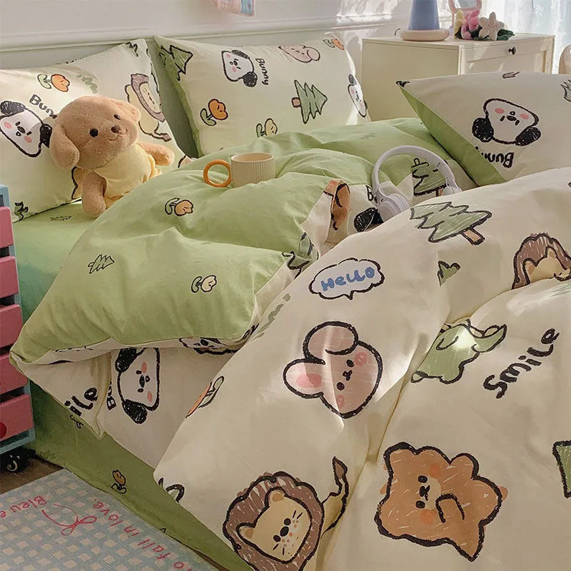 Cartoon dog pattern four-piece cotton bedding set laid on a bed, showing Animal World print design.