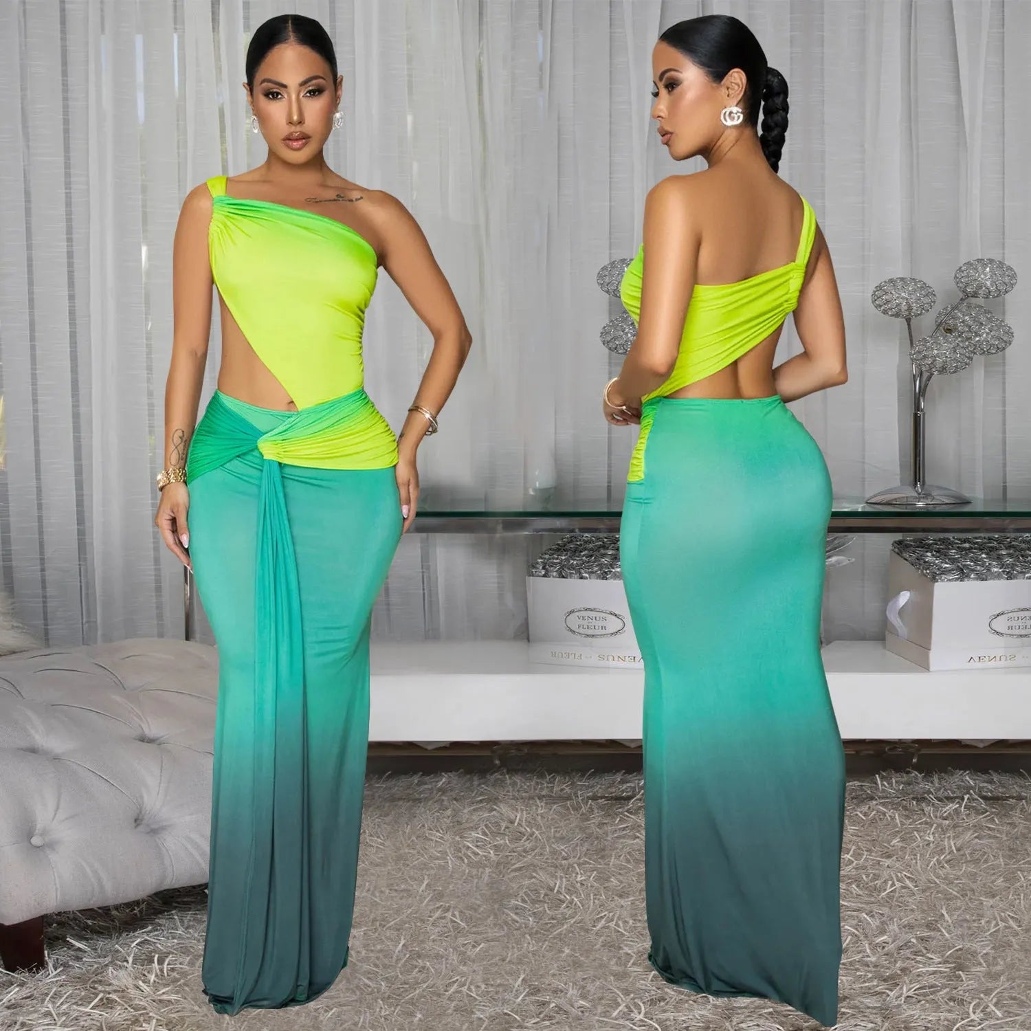 Women's gradient colour cross-shoulder summer dress with high waist and long skirt