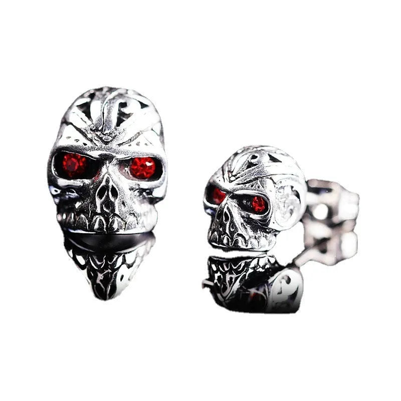 Retro skull stud earrings with red eye ghost head design and gemstone inlay