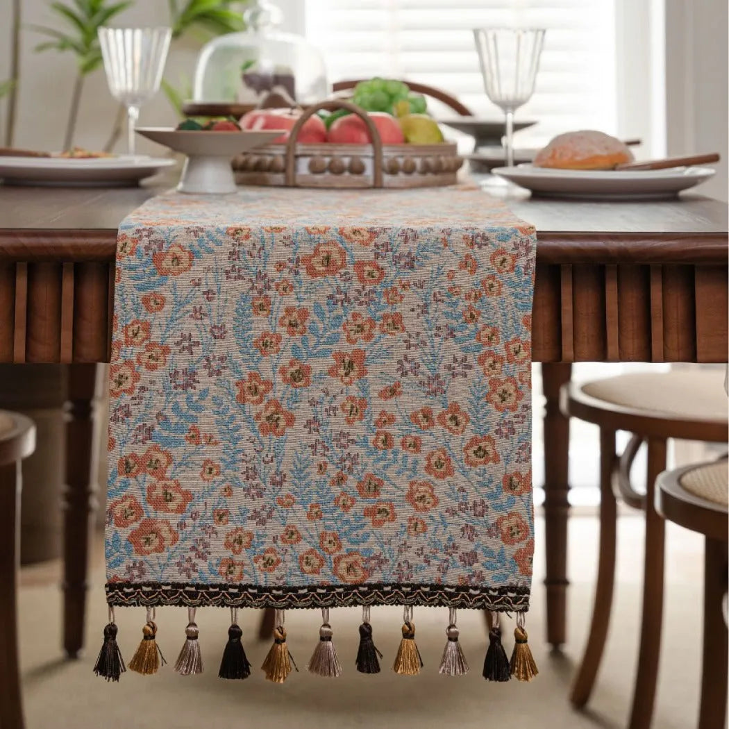 American-style jacquard table runner with long tassels, floral patterns, available in multiple colours and sizes