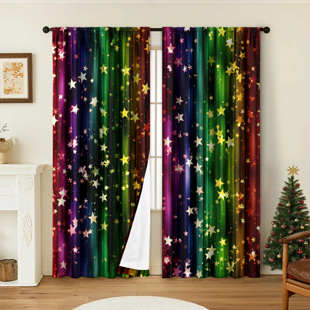 Pair of 3D digitally printed Christmas pattern polyester curtains hanging on a window.