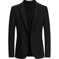 Men's slim fit solid colour wool suit jacket on a hanger, showing non-ironing finish and polyester lining detail.