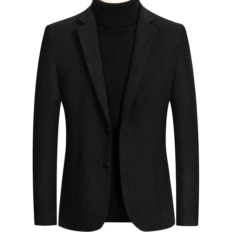 Men's slim fit solid colour wool suit jacket on a hanger, showing non-ironing finish and polyester lining detail.