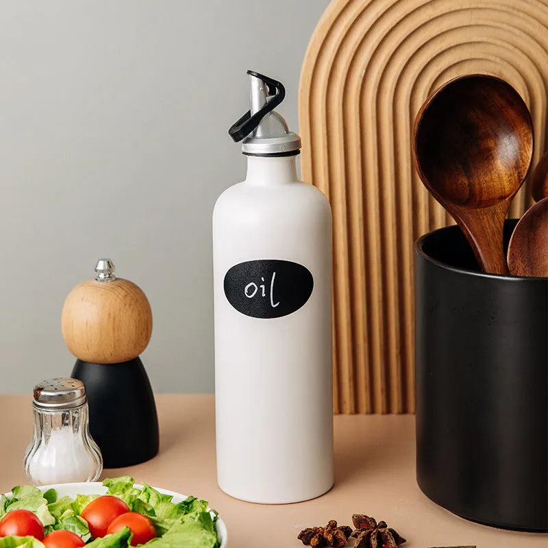Ceramic oil pot with 650ml conical funnel and integrated pouring brush in black, coffee, or white finish