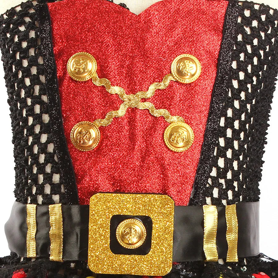 Girl's sleeveless Pirates of the Caribbean Halloween costume dress with sequins and mesh detail.