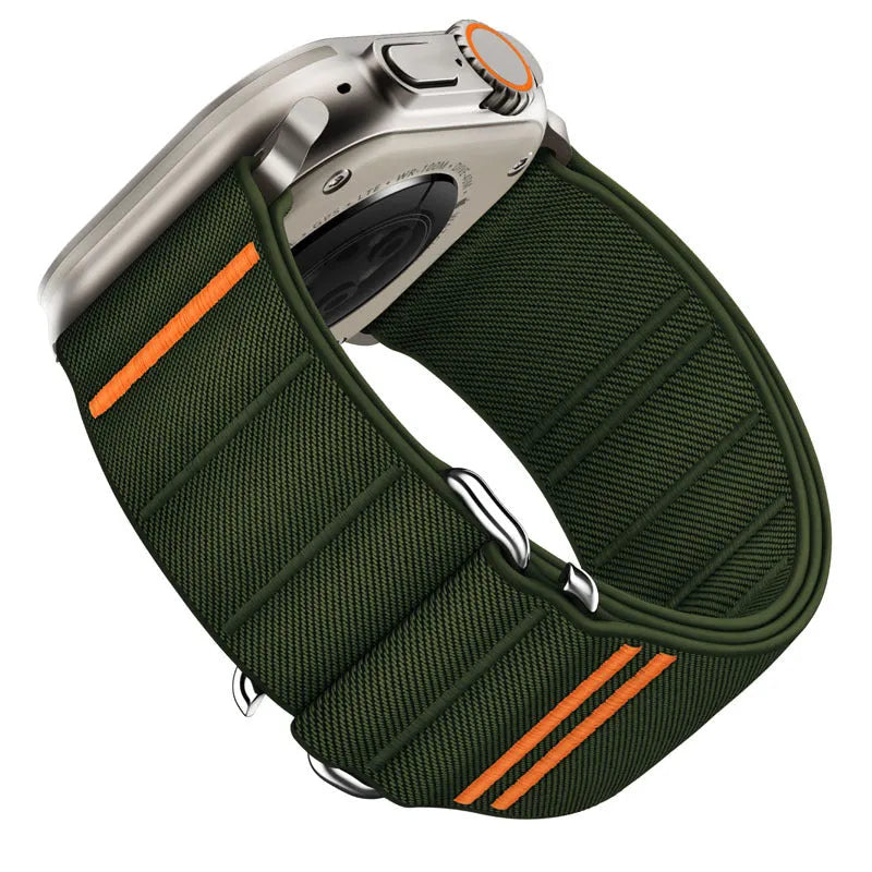 Elastic nylon watchband with stainless steel buckle for Apple Watch in multiple colour options.