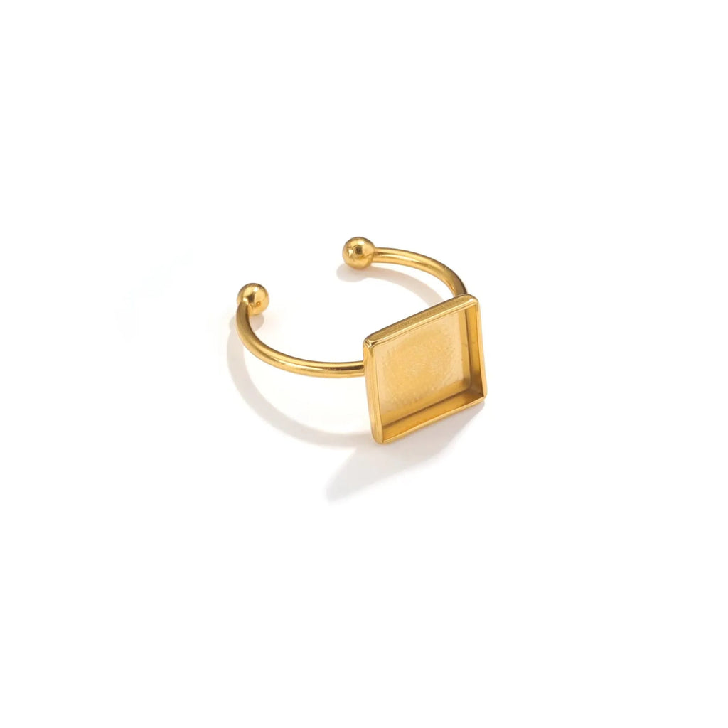 Golden electroplated stainless steel ring setting with totem pattern in various oval, rectangle, round and heart shapes