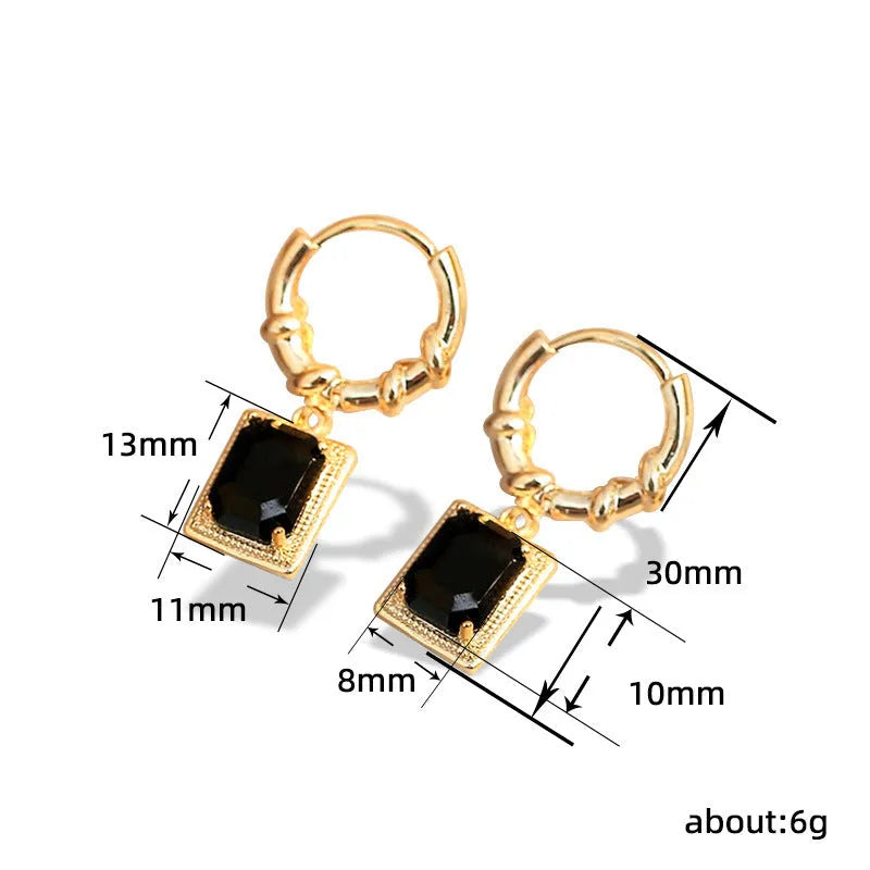 Geometric quadrilateral copper earrings with black zircon crystals in French court retro style