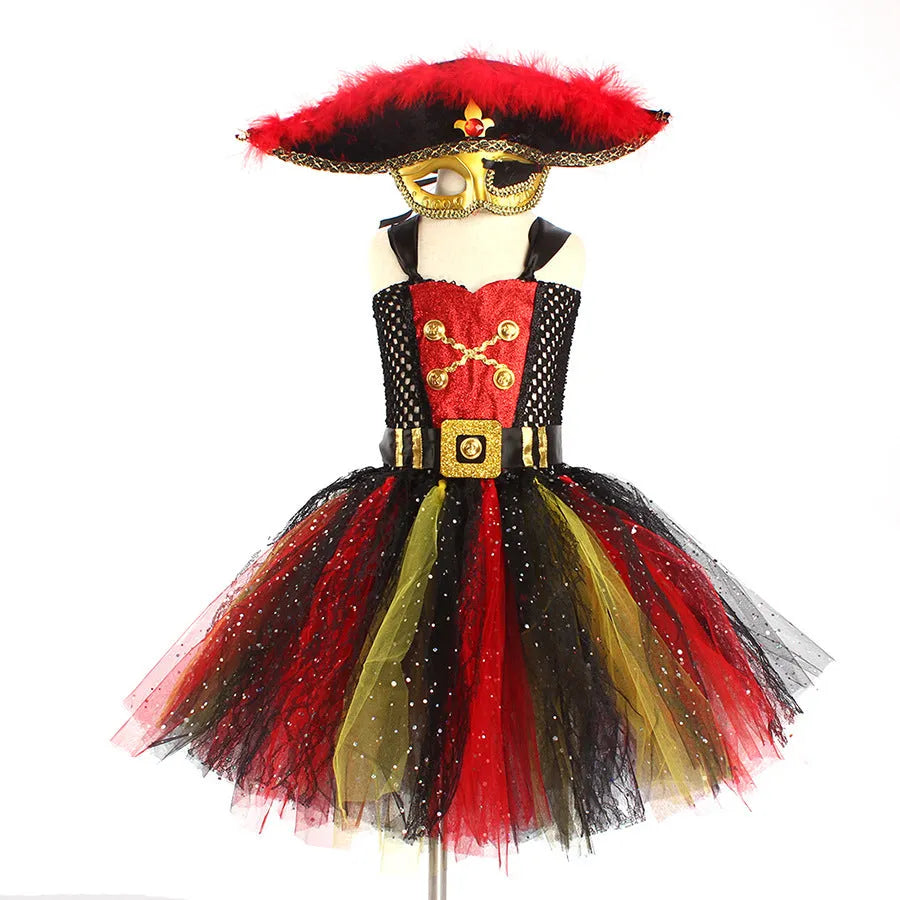 Girl's sleeveless Pirates of the Caribbean Halloween costume dress with sequins and mesh detail.