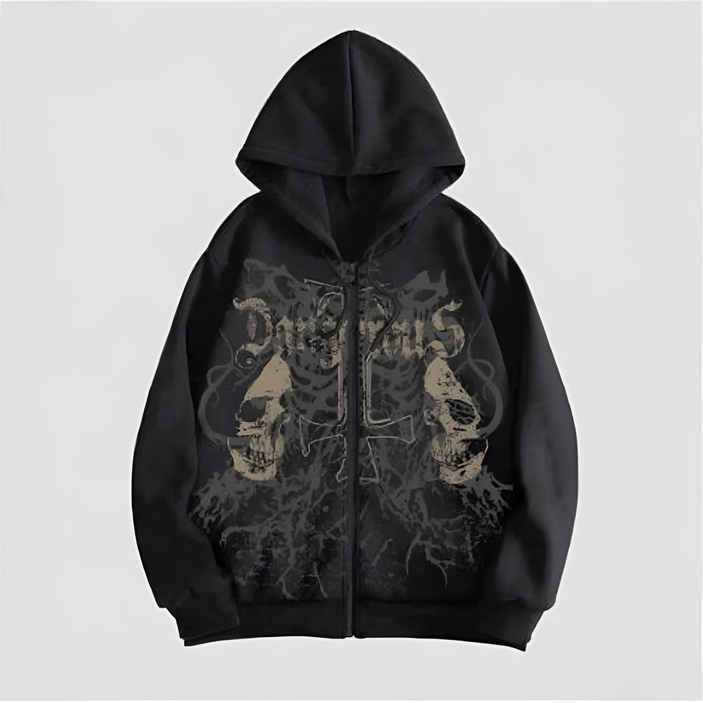 Men's black hooded sweatshirt with skull hot stamping print and Harajuku style