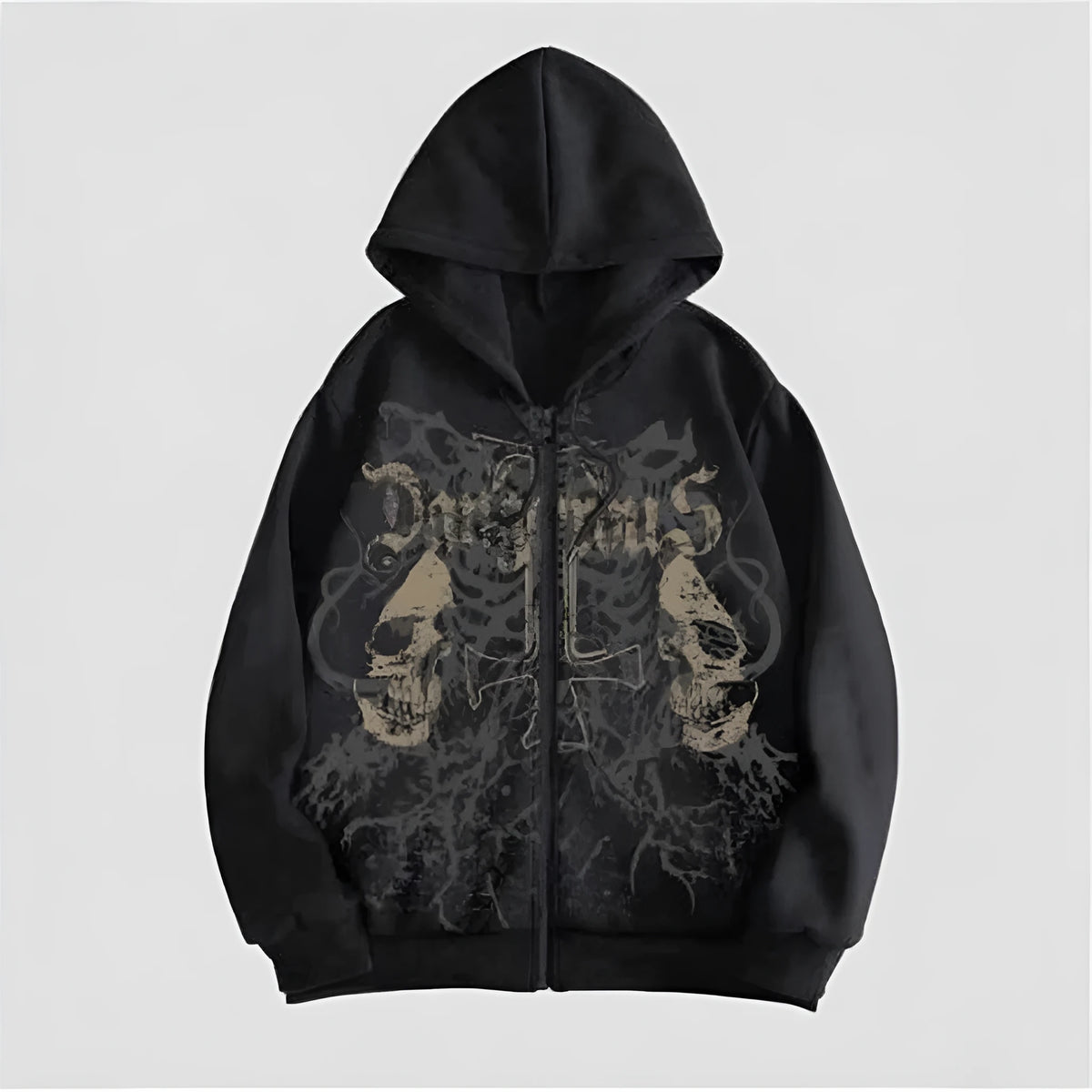 Men's black hooded sweatshirt with skull hot stamping print and Harajuku style