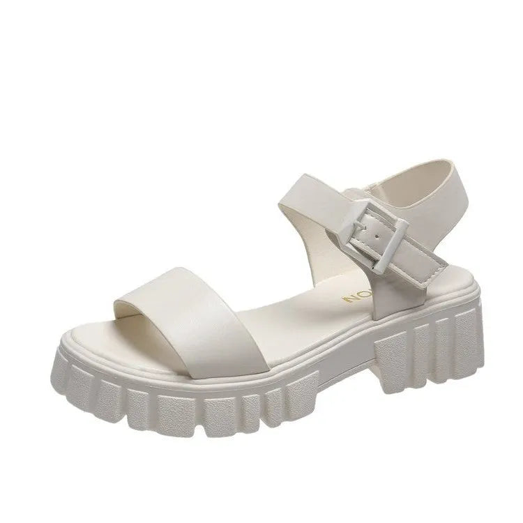 Women's beige peep toe ankle-strap buckle platform sandals with a fish mouth toe holder on a white background.