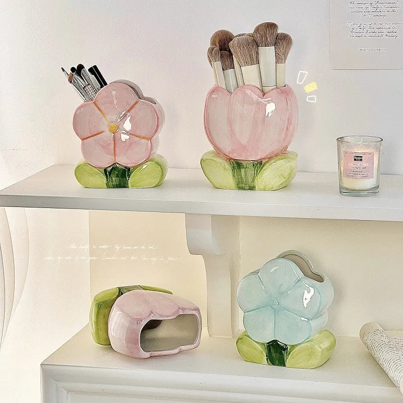 Ceramic flower pen holder storage box with floral pattern in blue, pink, or purple designs