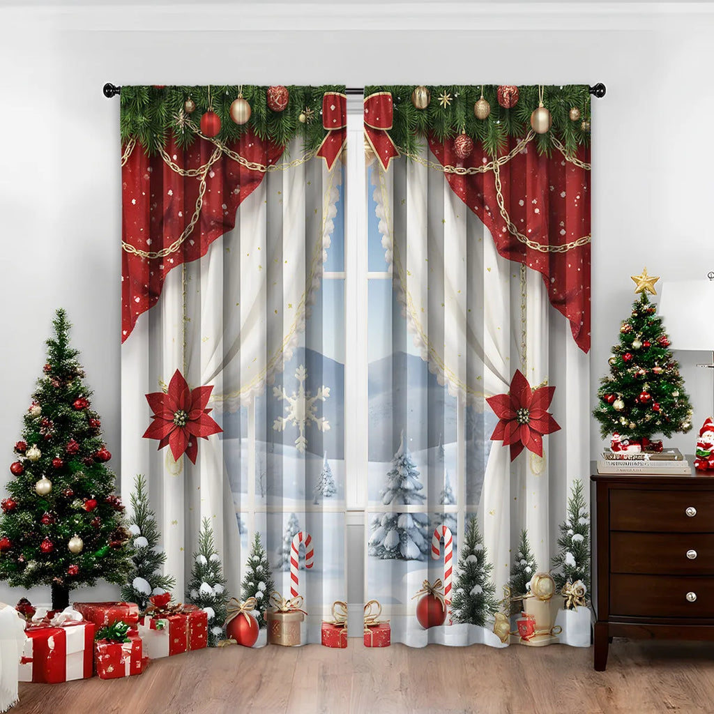 Pair of 3D digitally printed Christmas pattern polyester curtains hanging on a window.