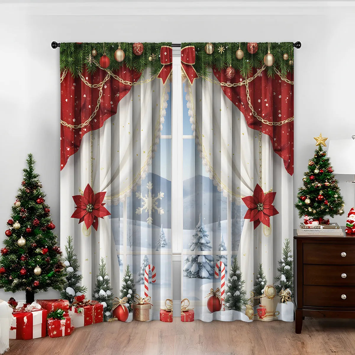 Pair of 3D digitally printed Christmas pattern polyester curtains hanging on a window.