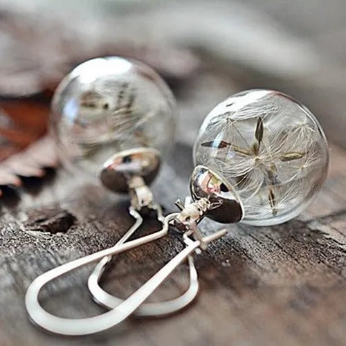 Transparent glass ball earrings with dandelion seed design inside, shown with French hooks