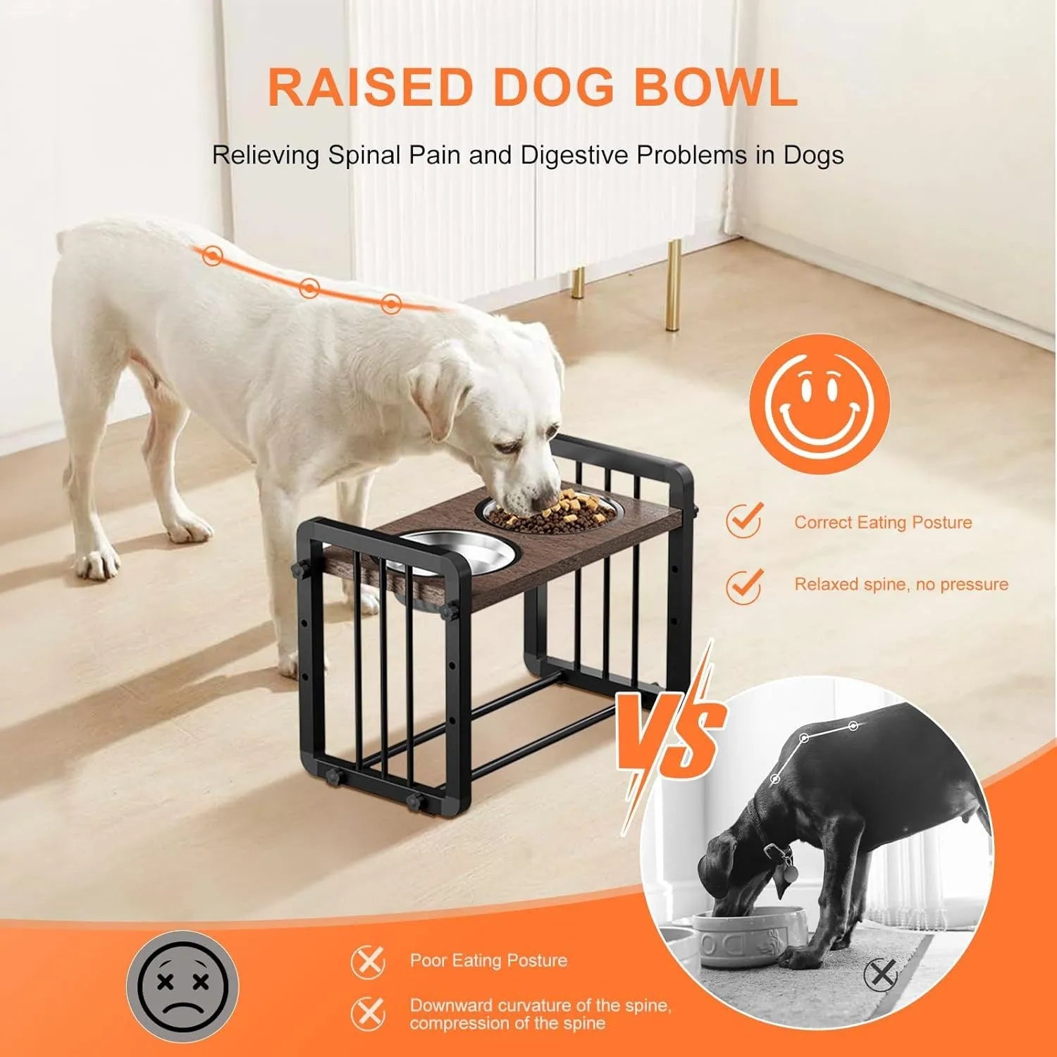 Black wooden dog bowl stand measuring 37x23cm for raised pet feeding