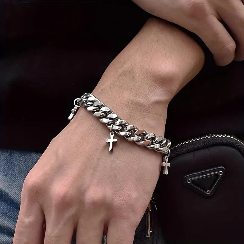 Men's titanium steel bracelet with geometric cross design in cold wind style