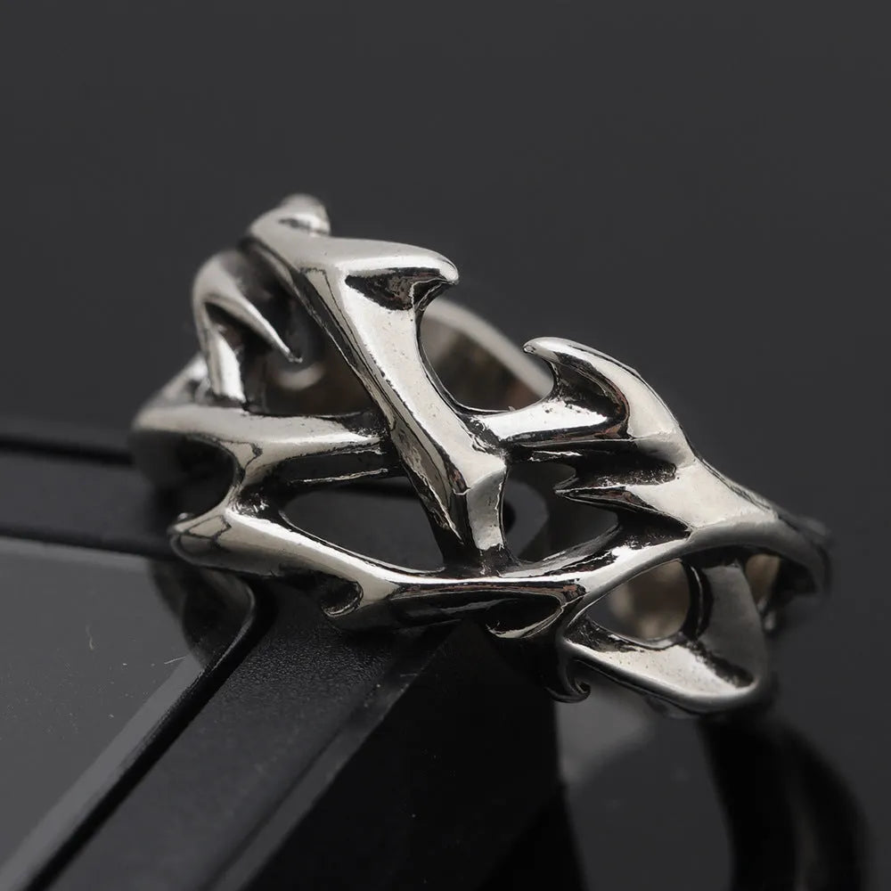 Copper mens ring with geometric thorn flower pattern and adjustable opening mechanism