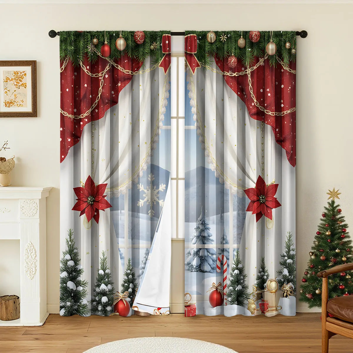 Pair of 3D digitally printed Christmas pattern polyester curtains hanging on a window.