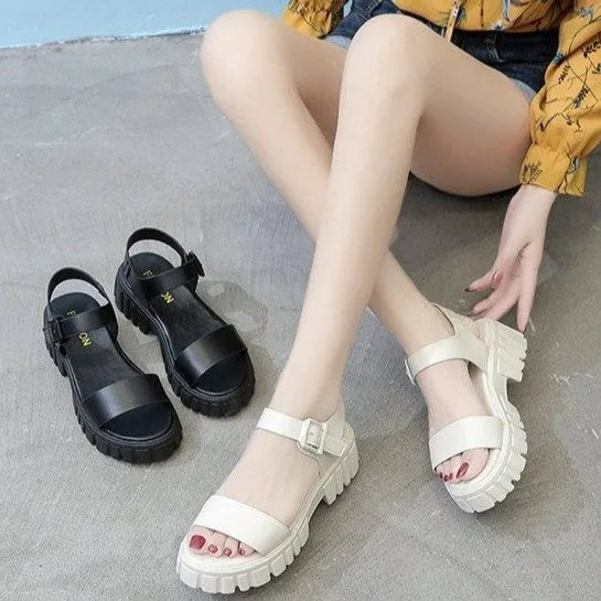 Women's beige peep toe ankle-strap buckle platform sandals with a fish mouth toe holder on a white background.