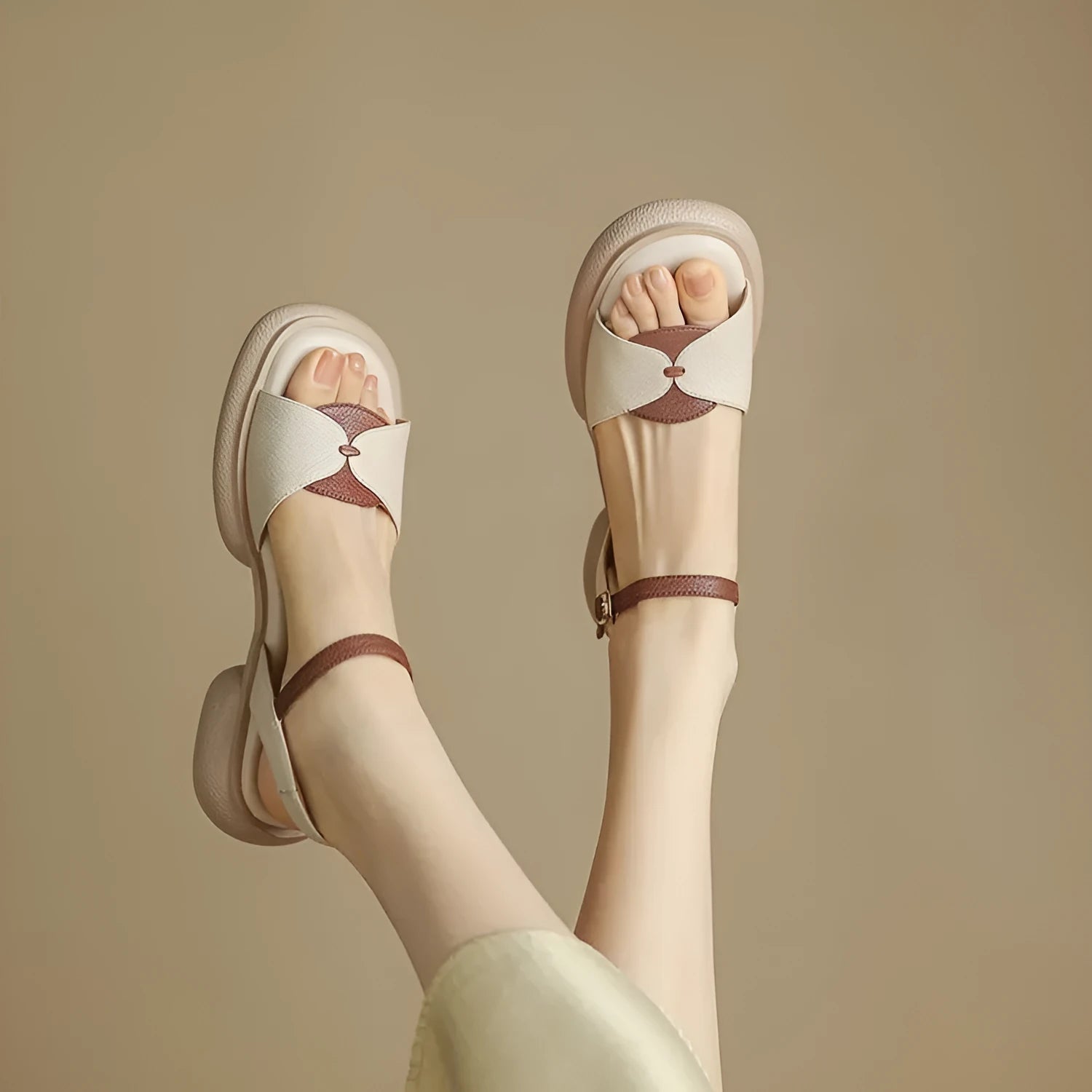 Women's khaki chunky heel platform sandals with open toe and renewable leather upper.