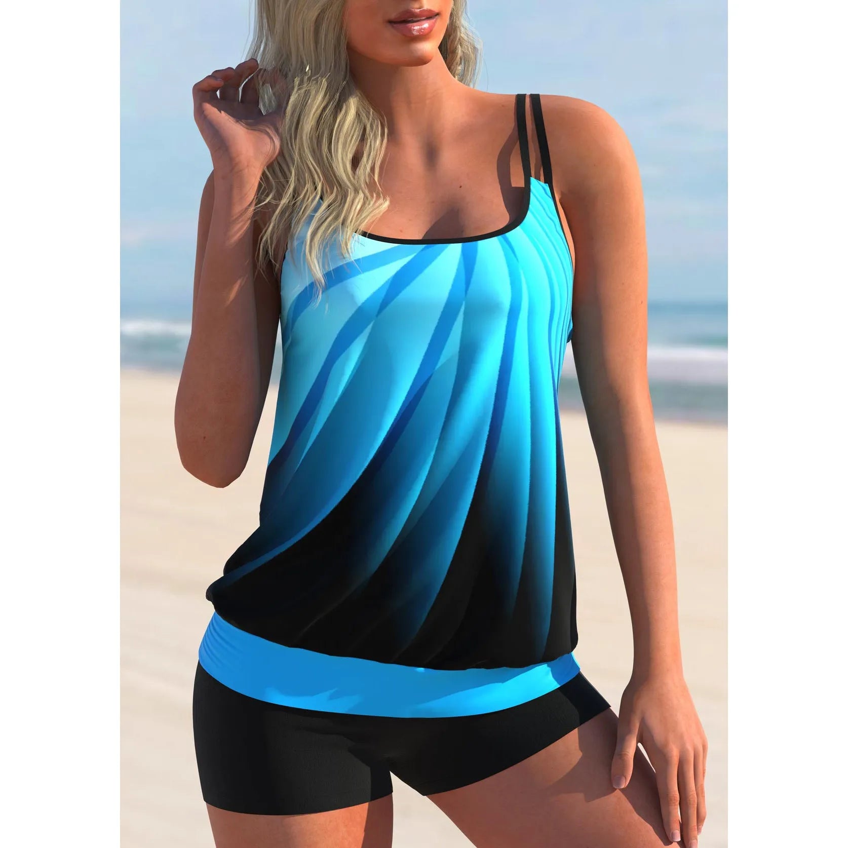 Plus size women's swimsuit set with shorts and printed butterfly pattern top