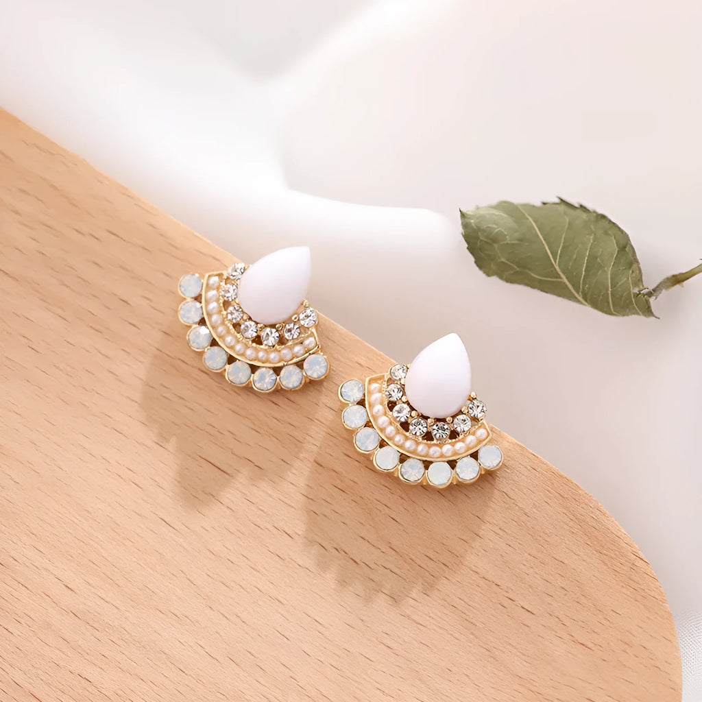 Retro sterling silver fan-shaped rhinestone earrings with geometric opal design for women