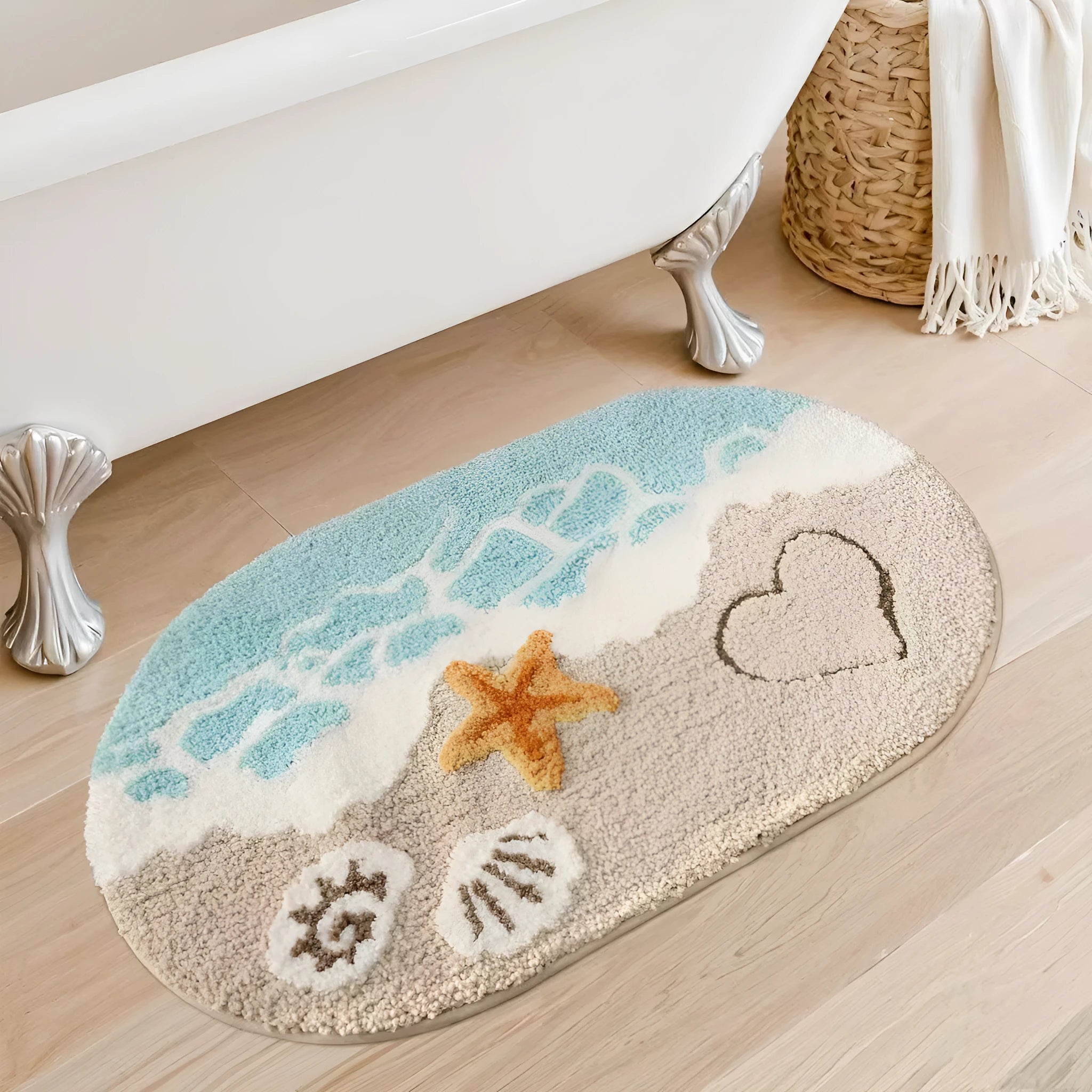 Square polyester fibre floor mat with rainbow pattern in sky sea colours and plastic bottom backing