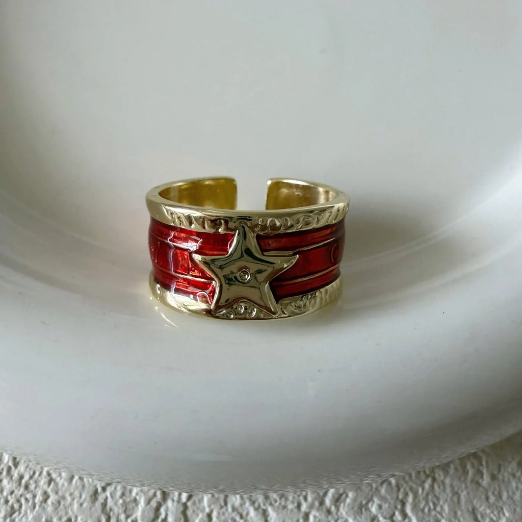 Adjustable copper geometry ring with distressed electroplated finish in four colour options
