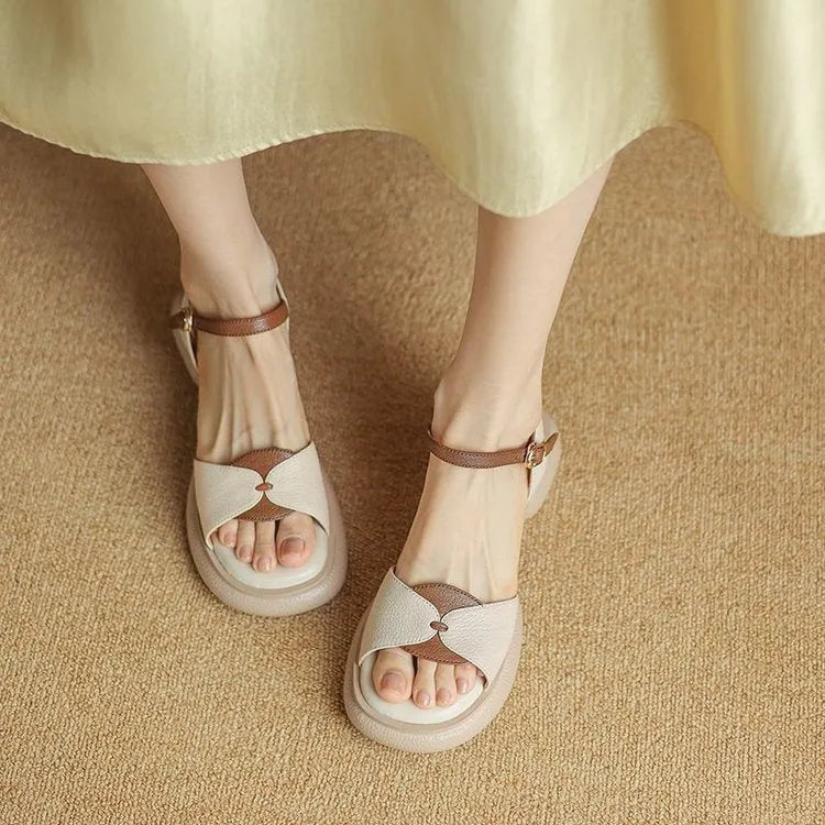 Women's khaki chunky heel platform sandals with open toe and renewable leather upper.