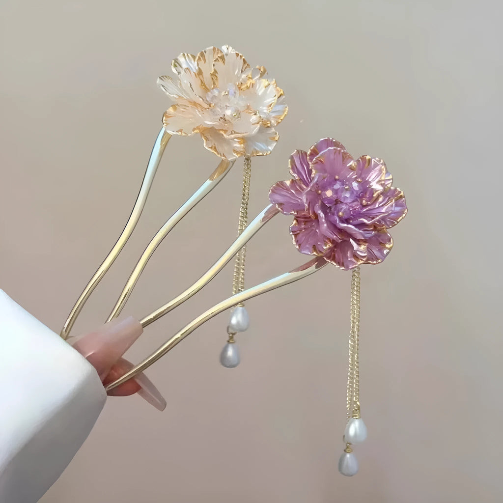 Purple and white U-shaped hairpin with peony flower and tassel decoration, electroplated alloy construction