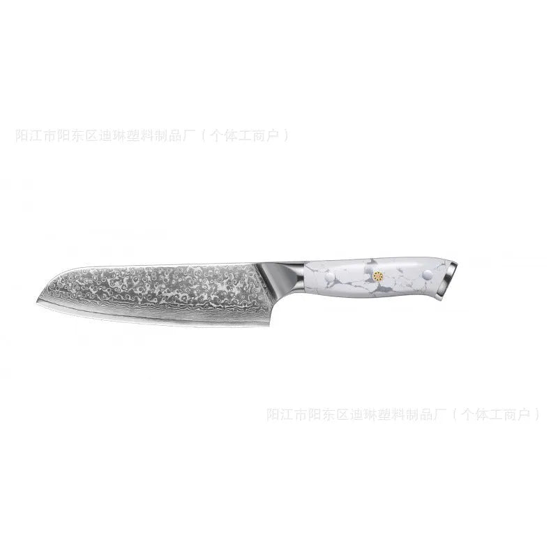 Damascus pattern chef's knife with a 21cm VG10 steel blade on a dark background.