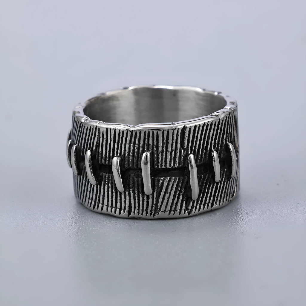 Geometric U-shaped titanium steel punk ring with double-ring construction in dark retro colour.