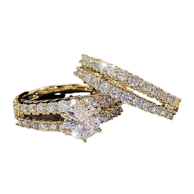 2-in-1 women's fashion ring set with fully set round stones in silver, gold, or rose gold finish