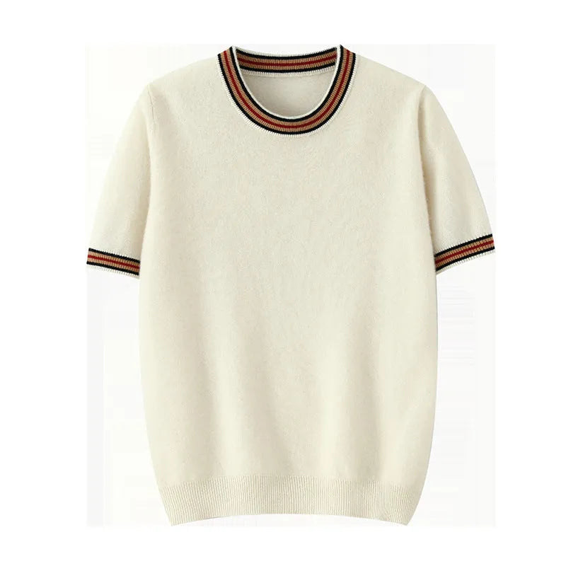 Men's grey pure wool short sleeve round neck pullover sweater laid flat.