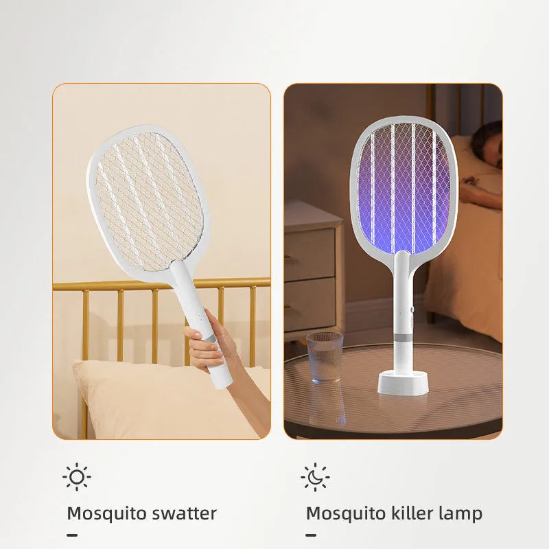 Rechargeable electric mosquito swatter with ABS plastic shell in hand.