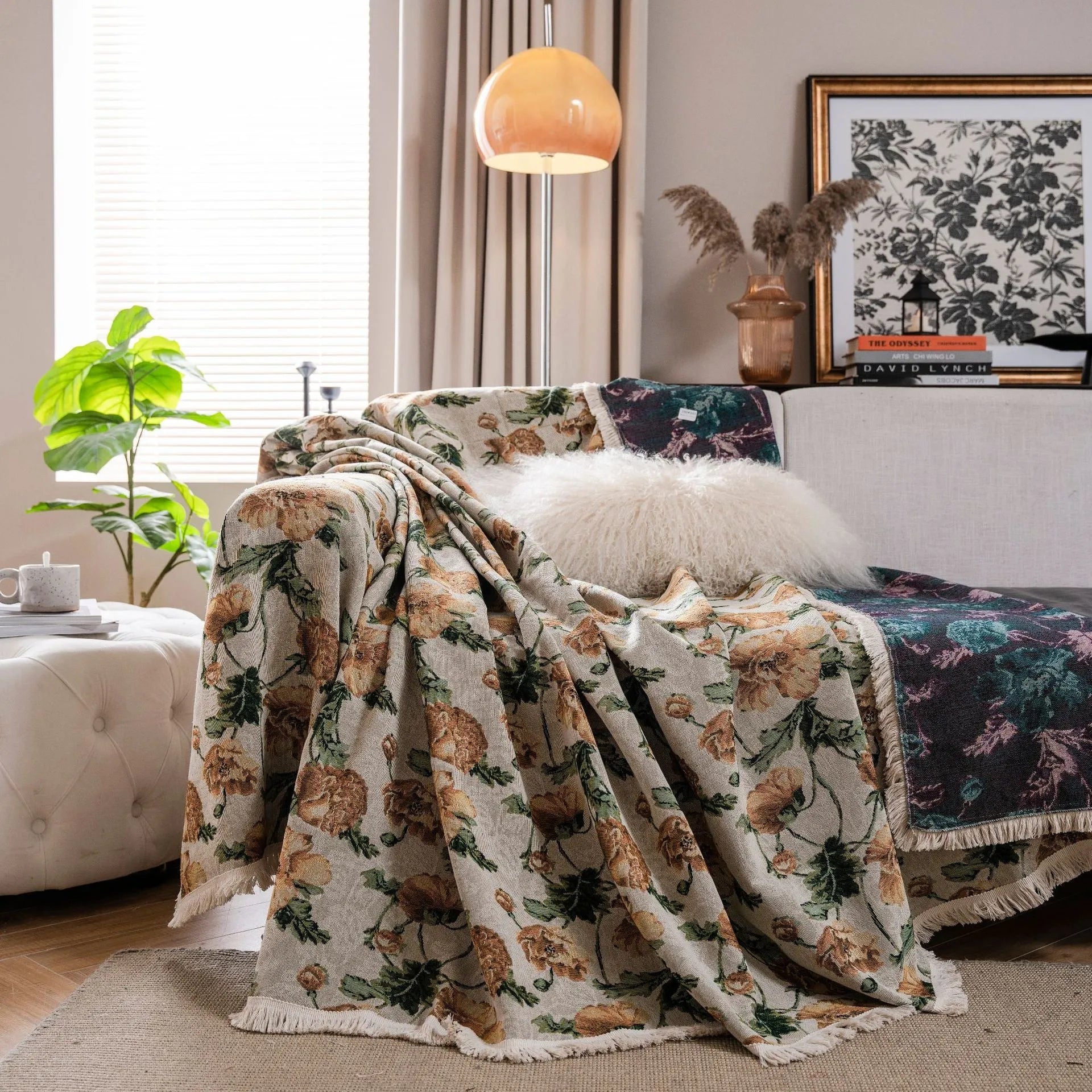 American country style jacquard sofa cover in a thick fabric, shown on a sofa.