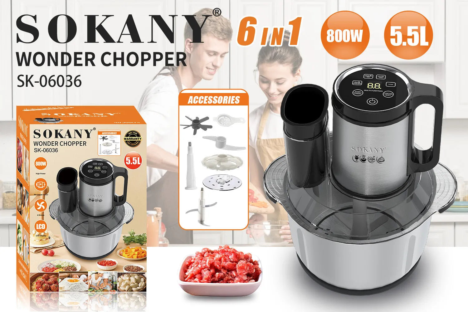 Stainless steel electric meat grinder and vegetable cutter with adjustable speed control