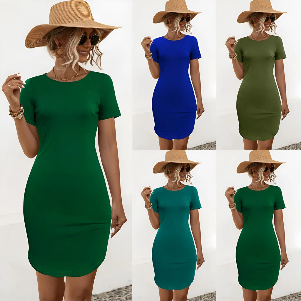 Women's solid colour short sleeve slim dress with a U-shaped split design on a mannequin.