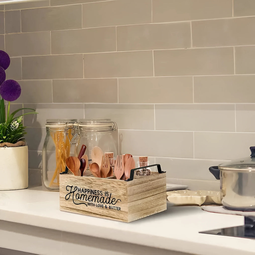 Wooden kitchen storage box with grid dividers for tableware organisation