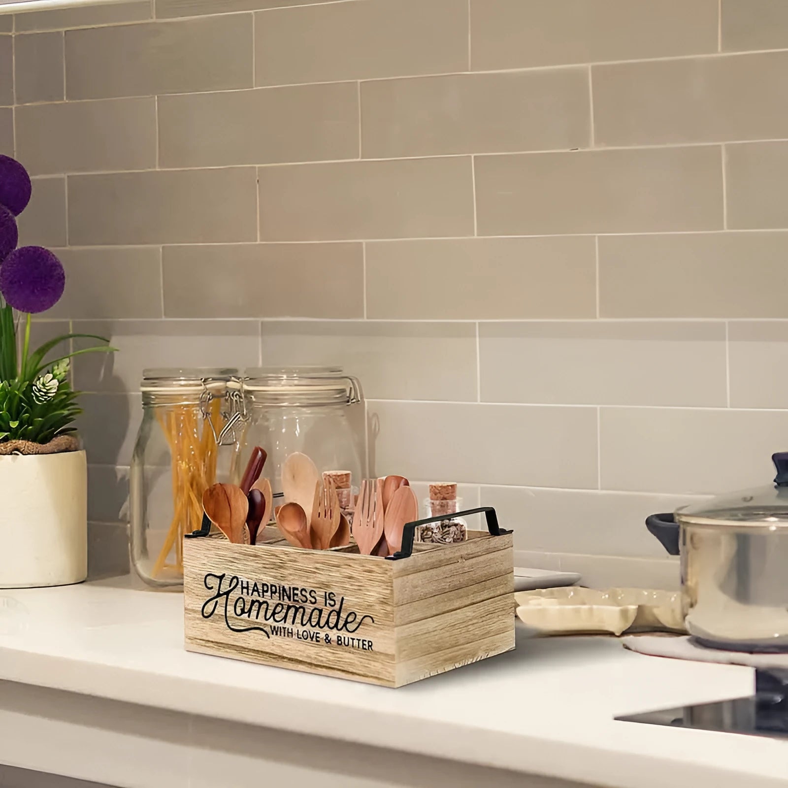 Wooden kitchen storage box with grid dividers for tableware organisation