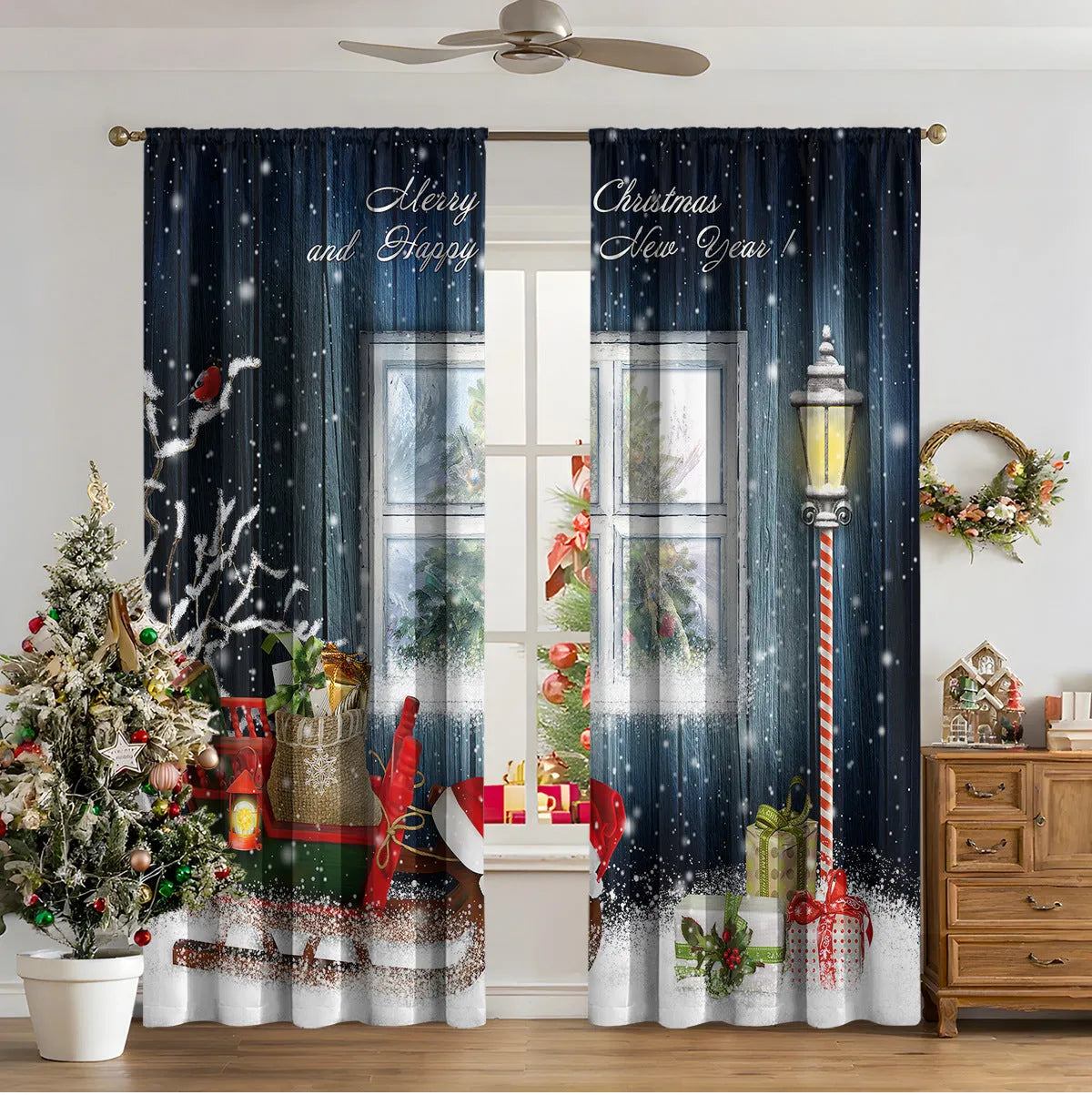 3D digitally printed Christmas curtains in polyester fabric with high sunshade functionality