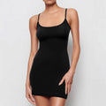 Black sling-style sheath dress with sleeveless design and short skirt length