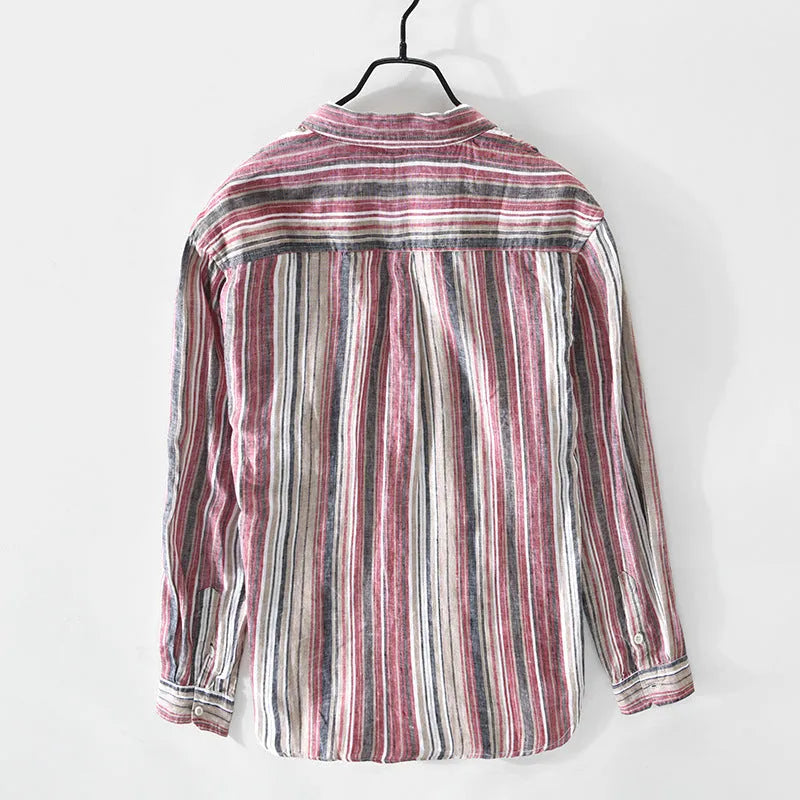 Men's casual linen striped shirt with loose fit long sleeves in red or grey colours