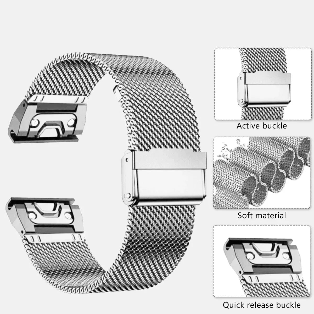 Stainless steel Garmin Fenix watch strap with built-in card slot in silver colour